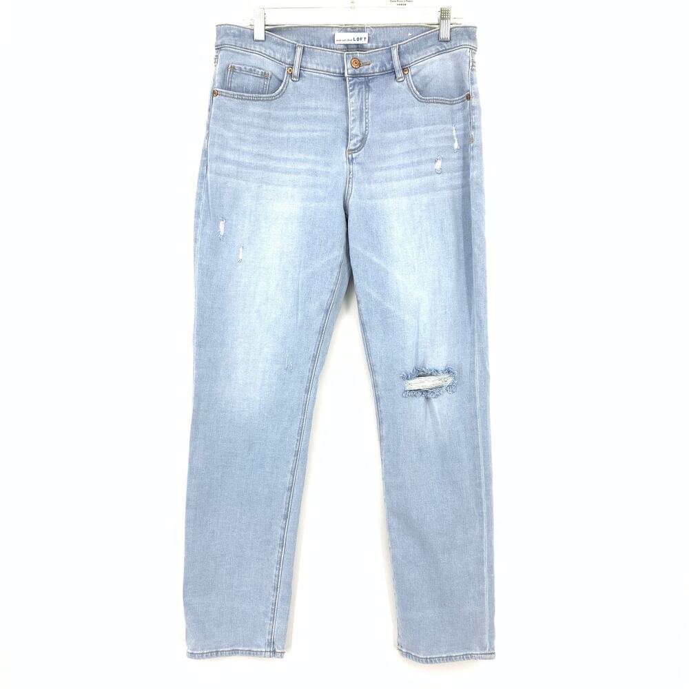 LOFT The Girlfriend Jeans Womens 30 10 Blue Distressed Knee Fringe Tapered